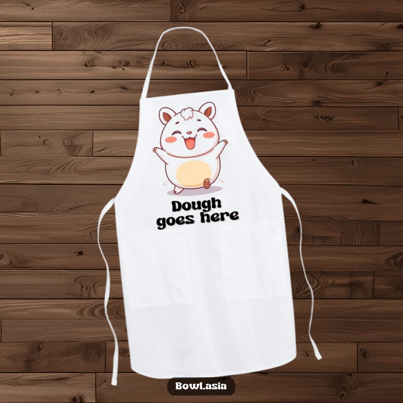 Funny bao bun apron with a happy bao bun character rolling, ideal for chefs and home cooks who love cute and humorous designs.