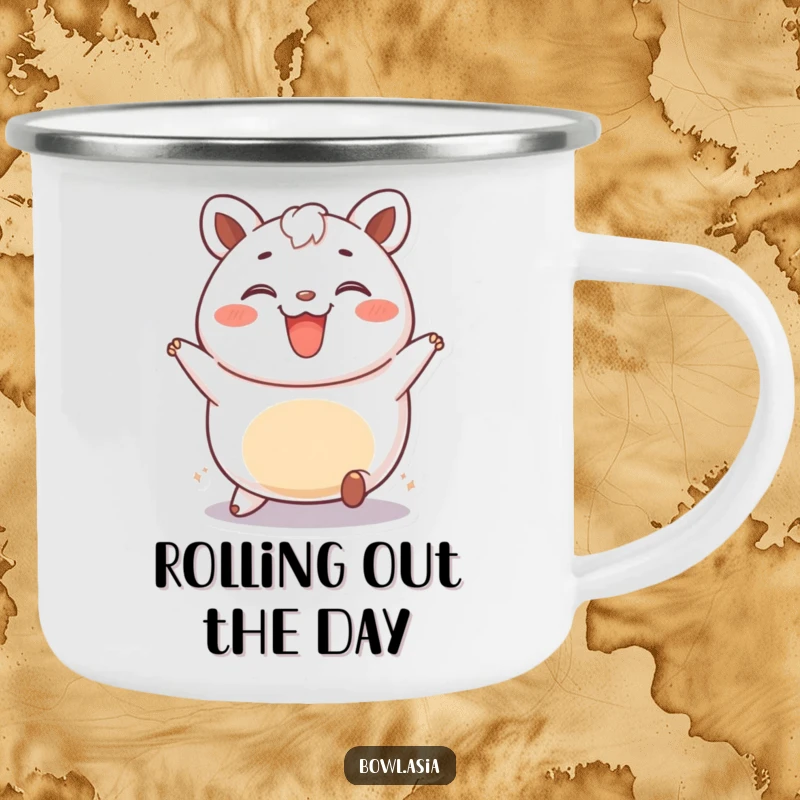 Funny bao bun camping mug featuring a happy rolling bao bun, durable and portable for outdoor fun, a great funny gift.