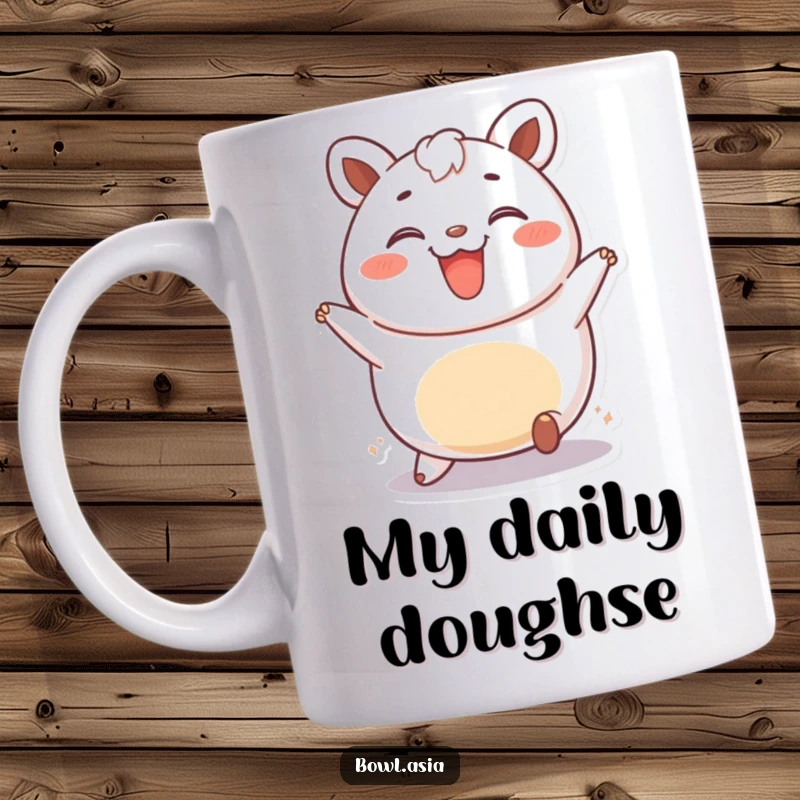 Funny bao bun mug featuring a happy bao bun character rolling playfully with a wide smile, symbolizing pure joy and sweetness.