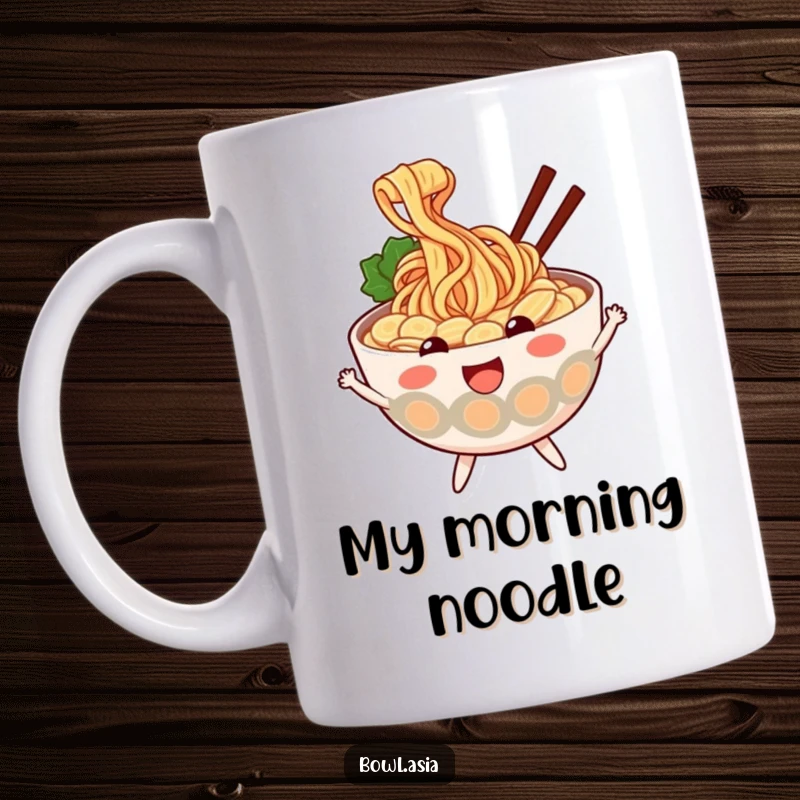 Funny ramen mug featuring a cheerful ramen bowl character with wiggly noodles, bouncing with glee, symbolizing pure foodie joy.