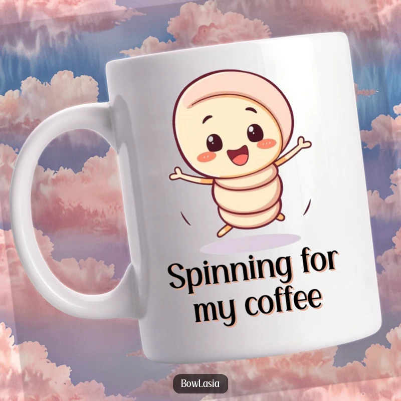 Funny playful spring roll character doing a comical, wobbly spin on a mug, full of animated humor.