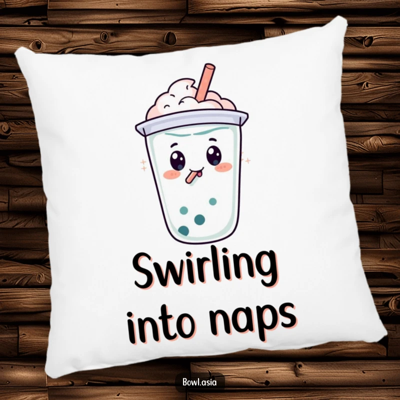 Funny happy boba tea character with a straw, doing a bubbly swirl on a soft pillow, adding humor and comfort.