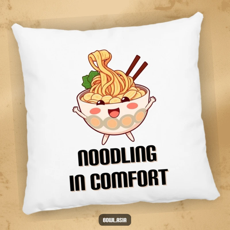 Funny ramen pillow featuring a cheerful ramen bowl character with wiggly noodles, offering comfort and a touch of adorable, humorous foodie charm.
