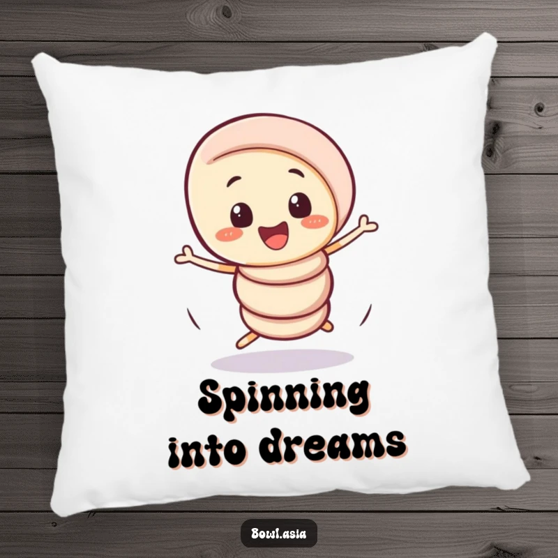 Funny playful spring roll character doing a comical, wobbly spin on a soft pillow, adding humor and comfort.