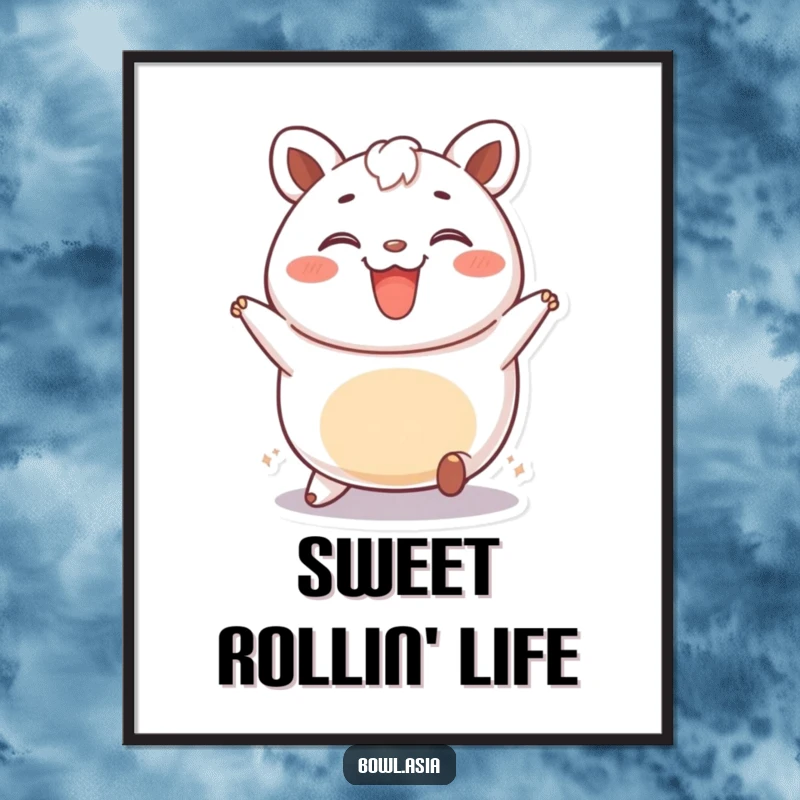 Funny bao bun digital art print of a happy, rolling bao bun, perfect for instant whimsical food decor, a fun gift.