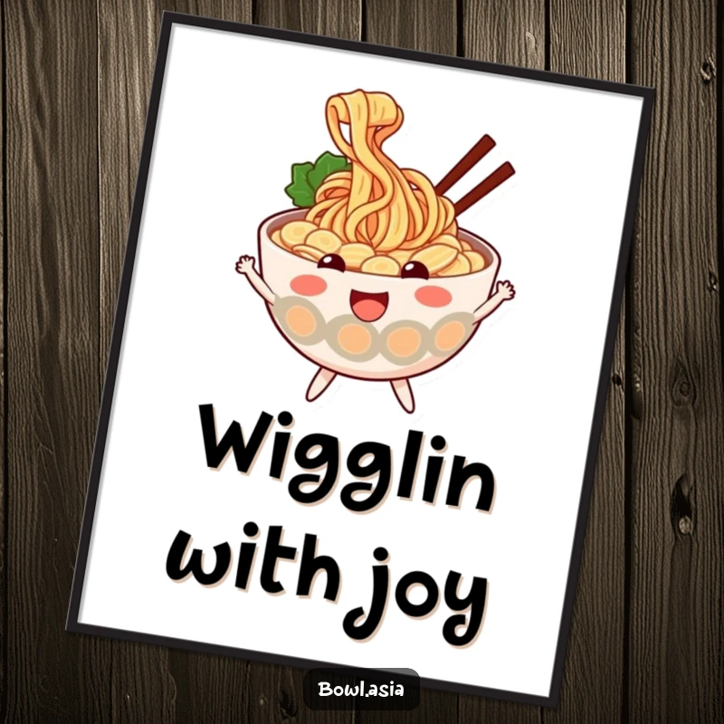 Funny ramen digital art print of a cheerful ramen bowl with wiggly noodles, perfect for instant whimsical food decor, a fun gift.