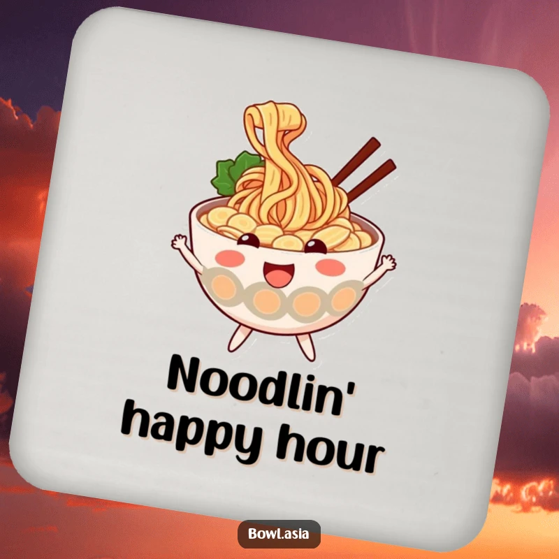 Funny ramen coaster with a cheerful ramen bowl and wiggly noodles, protecting surfaces with noodle humor, a great funny gift.