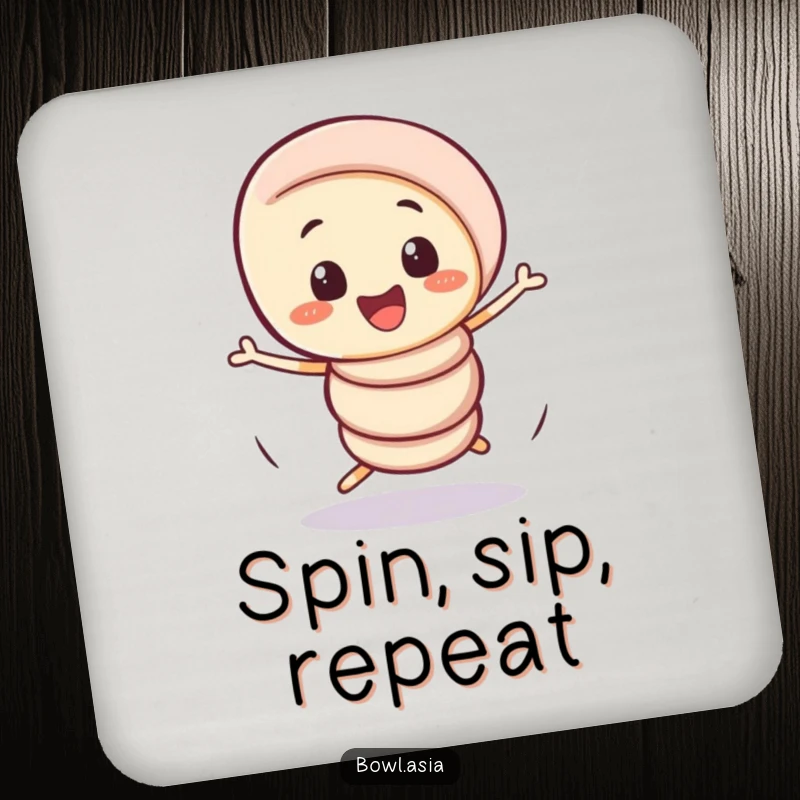 Funny playful spring roll character doing a comical, wobbly spin on drink coasters, a humorous and protective accessory.