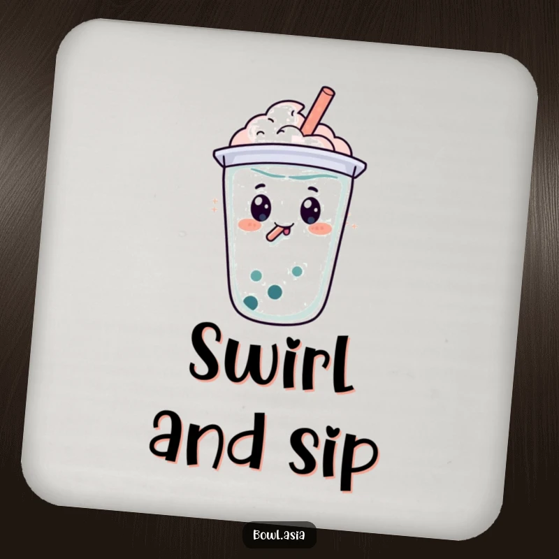 Funny happy boba tea character with a straw, doing a bubbly swirl on drink coasters, a cute and protective accessory.