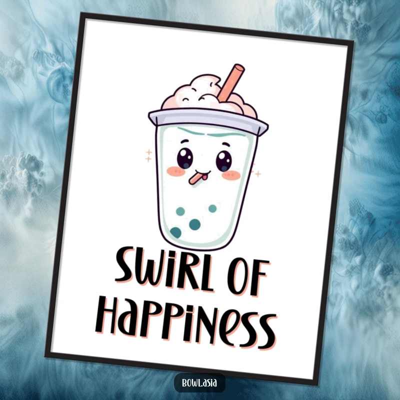 Funny happy boba tea character with a straw, doing a bubbly swirl on a poster, a joyful and humorous piece of art.