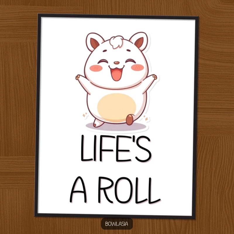 Funny bao bun poster featuring a happy, rolling bao bun with a wide smile, whimsical and humorous food-themed wall art.