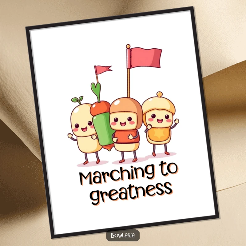 Funny food skewer characters holding tiny flags, parading joyfully across a poster, bringing a whimsical and humorous vibe.
