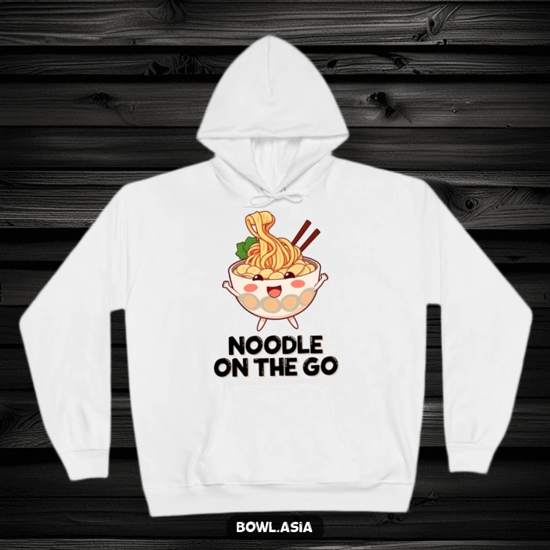 Funny ramen hoodie featuring a cheerful ramen bowl with wiggly noodles, bouncing with glee, offering cozy warmth and noodle-themed fun.