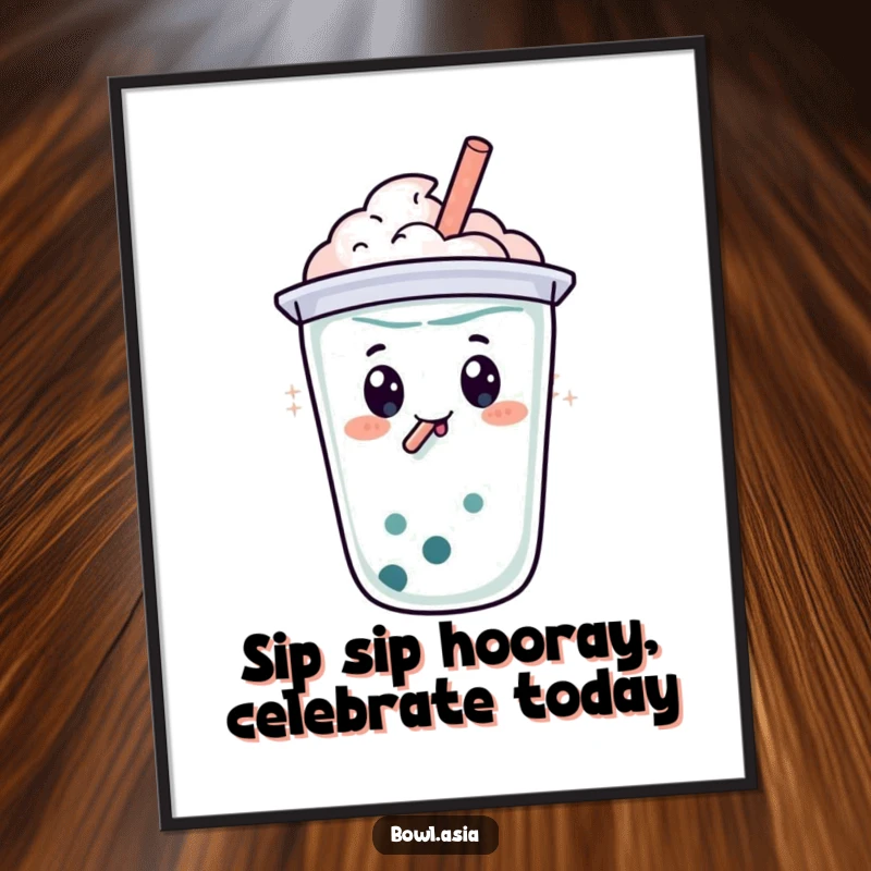 Funny Free Printable Wall Art of a happy boba tea character doing a bubbly swirl, radiating joy and good vibes.