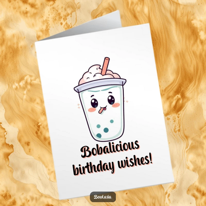 Funny Free Printable Birthday Card featuring a happy boba tea character doing a bubbly swirl with its straw, full of celebration.