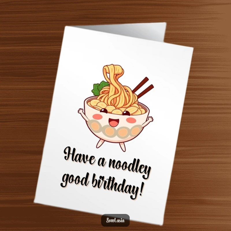 Funny free printable birthday card featuring a cheerful ramen bowl with wiggly noodles, bouncing with glee, a fun and energetic downloadable greeting.