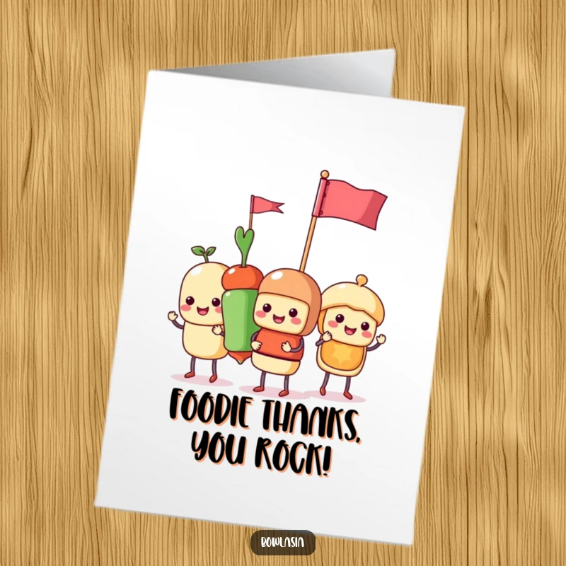 Funny Free Printable Thank You Card featuring a happy food skewer parade with festive tiny flags, perfect for expressing thanks.
