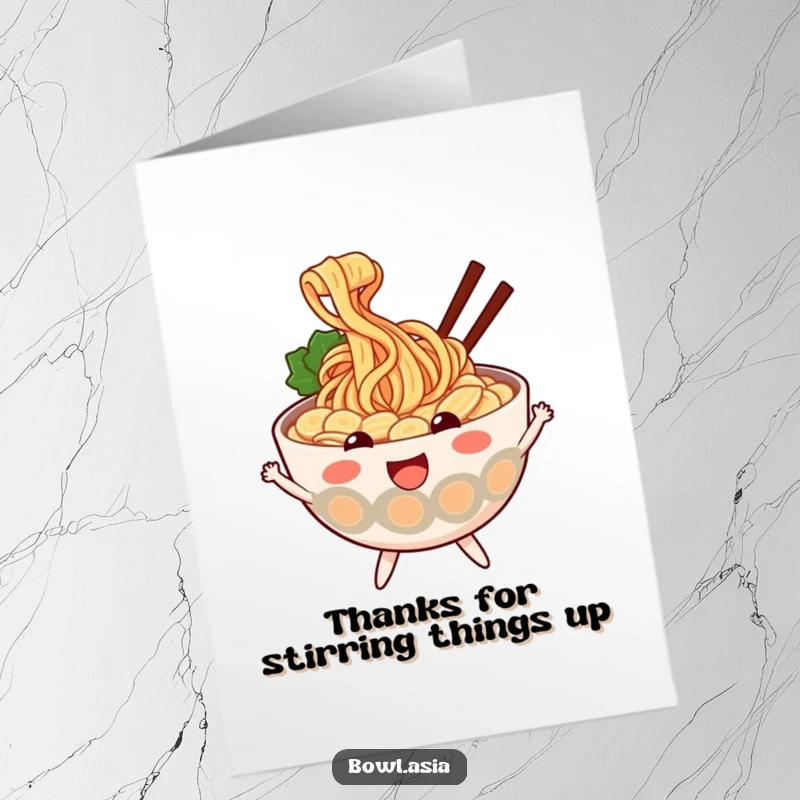 Funny free printable thank you card with a cheerful ramen bowl bouncing, humorously conveying thanks for a downloadable gift.