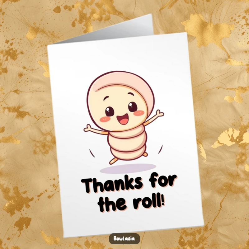 Funny Free Printable Thank You Card of a playful spring roll character doing a wobbly spin, perfect for saying thanks.