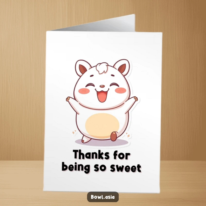 Funny free printable thank you card with a happy bao bun rolling with a smile, humorously conveying thanks for a downloadable gift.