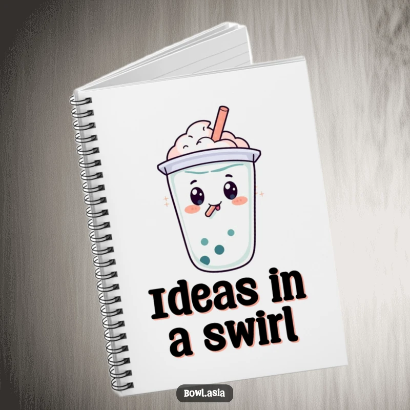 Funny happy boba tea character with a straw, doing a bubbly swirl on a notebook, inspiring joyful writing.