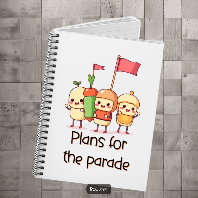 Funny food skewer characters parading with flags on a notebook cover, inspiring creative thoughts with a humorous touch.