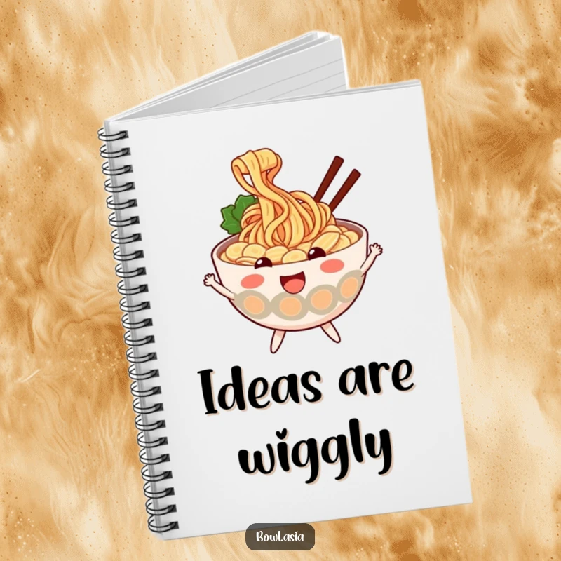 Funny ramen notebook with a cheerful ramen bowl and wiggly noodles, perfect for journaling delicious ideas and food notes, a fun gift.