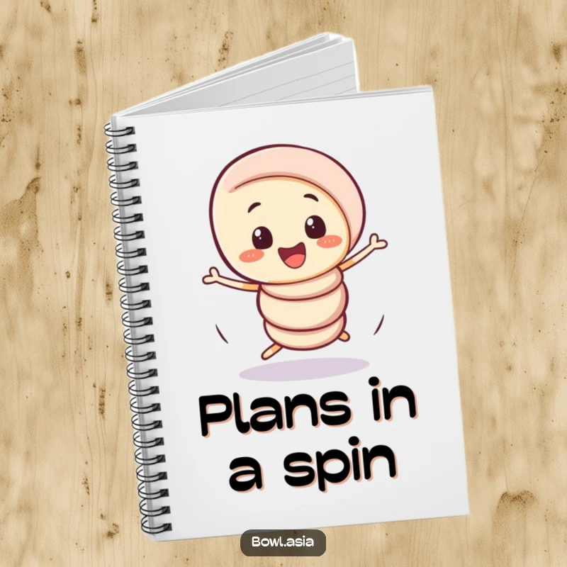 Funny playful spring roll character doing a comical, wobbly spin on a notebook, inspiring creative and funny thoughts.
