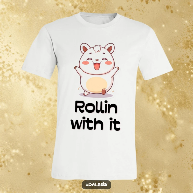 Funny bao bun t-shirt showing a happy bao bun rolling around with a wide, playful smile, perfect for food lovers.
