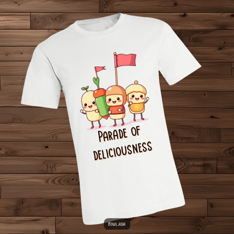 Funny food skewer characters holding tiny flags and parading across a t-shirt, celebrating with cheerful energy and humor.