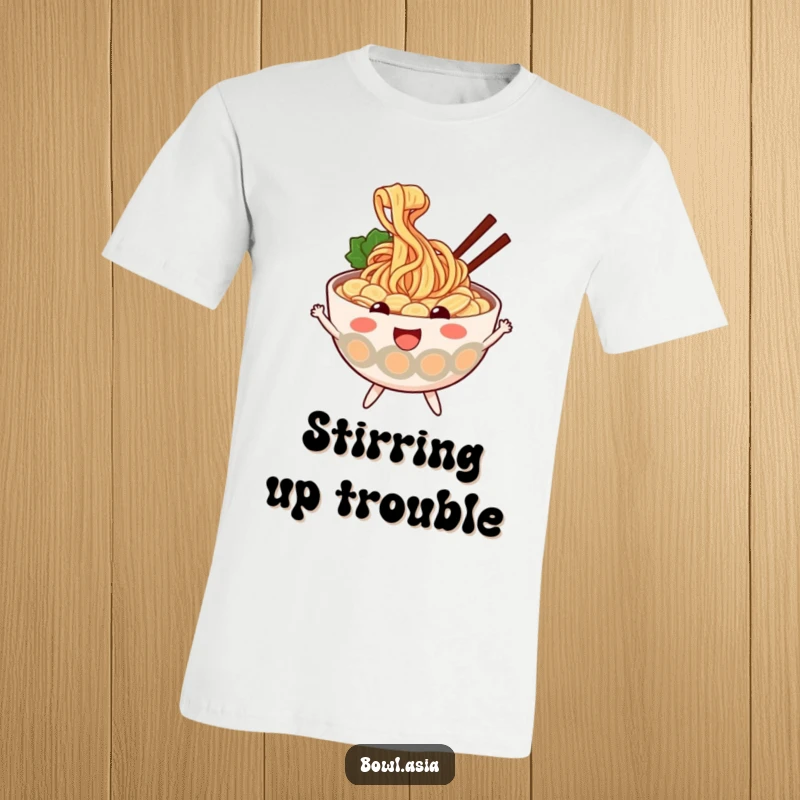 Funny ramen t-shirt showing a cheerful ramen bowl with wiggly noodles, bouncing with glee, perfect for noodle lovers.