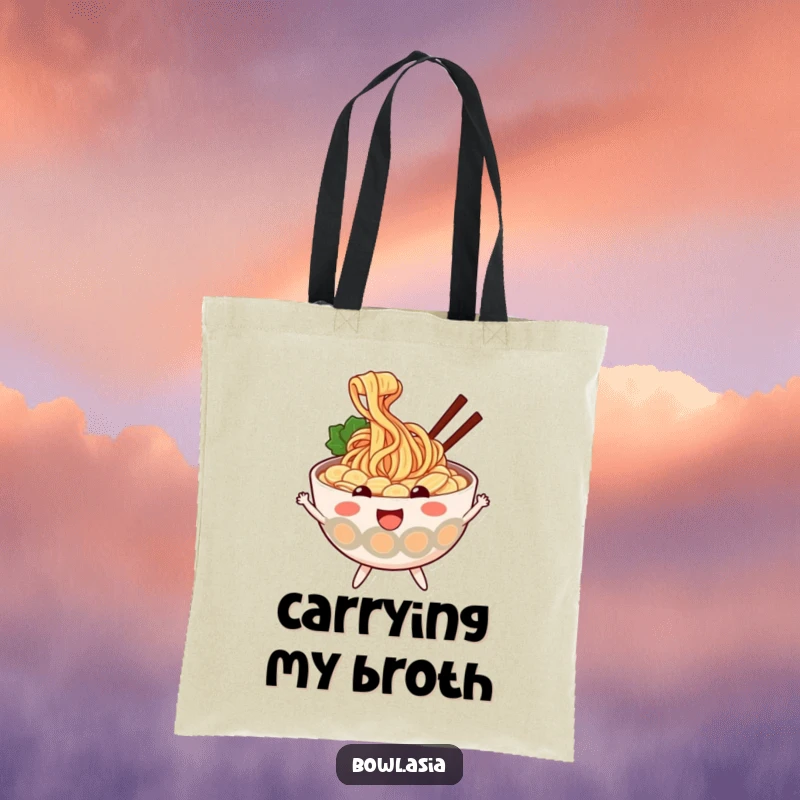 Funny ramen tote bag with a cheerful ramen bowl and wiggly noodles, a humorous and practical accessory for food lovers.