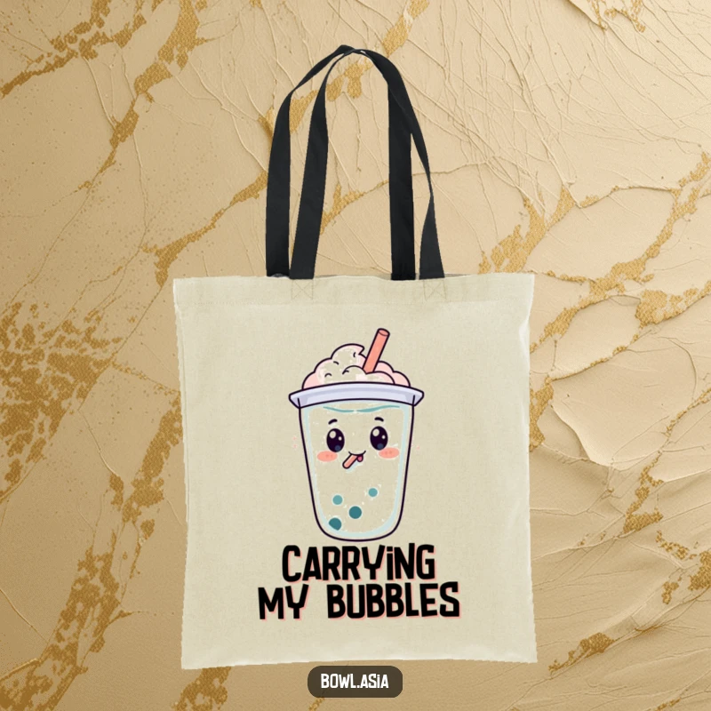 Funny happy boba tea character with a straw, doing a bubbly swirl on a tote bag, a cute and humorous accessory.