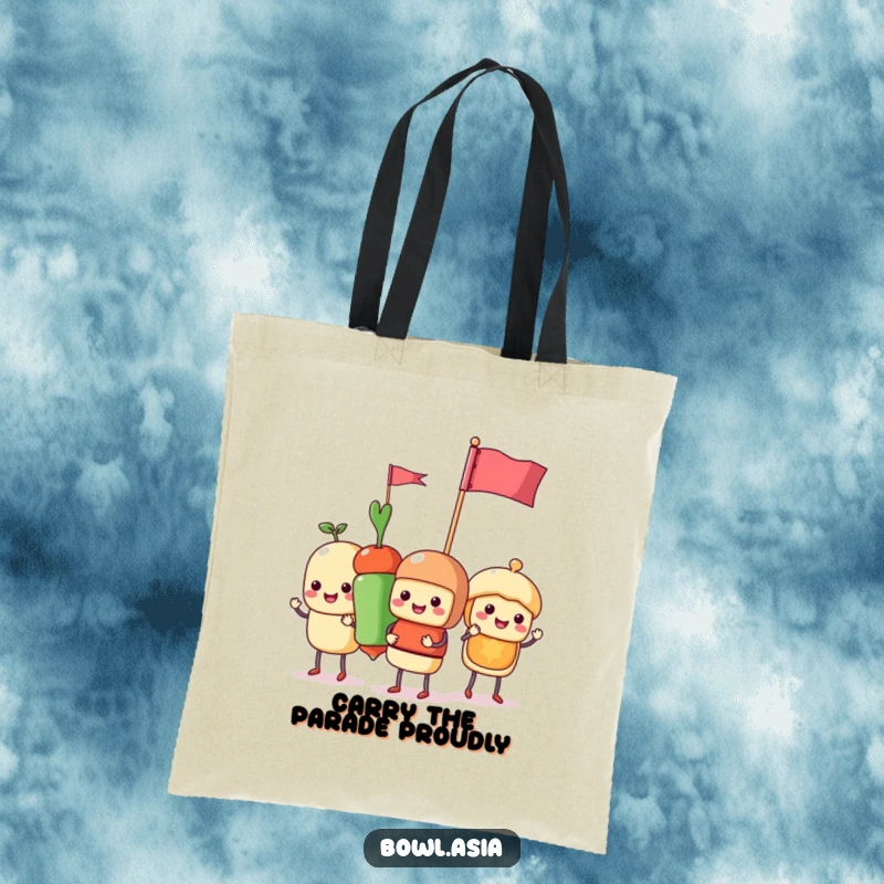 Funny food skewer characters parading with tiny flags on a tote bag, a humorous and practical accessory for daily use.