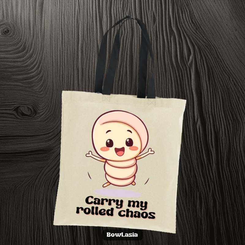 Funny playful spring roll character doing a comical, wobbly spin on a tote bag, a humorous and practical accessory.